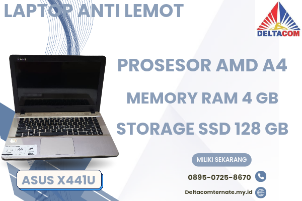 ASUS X441U , TYPE BARU BODY SLIM, PROSESOR AMD A4 MEMORY RAM 4 GB STORAGE SSD 128 GB DISPLAY 14 INCH MULUS , WARNAH HITAM, LECET SDIKIT,